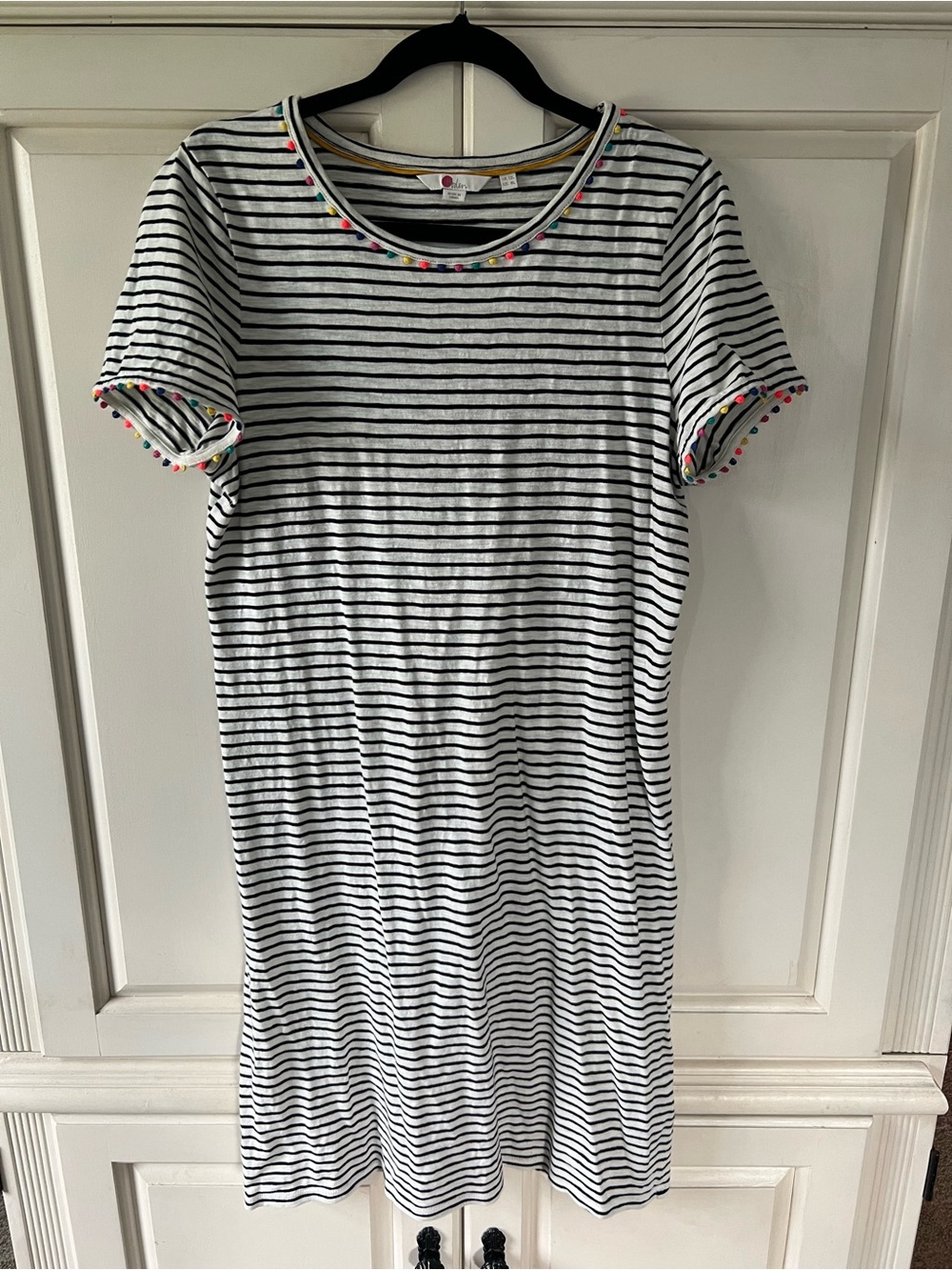 Boden Black & White Striped Midi Dress with Multicolor Pom Trim, Size 8L